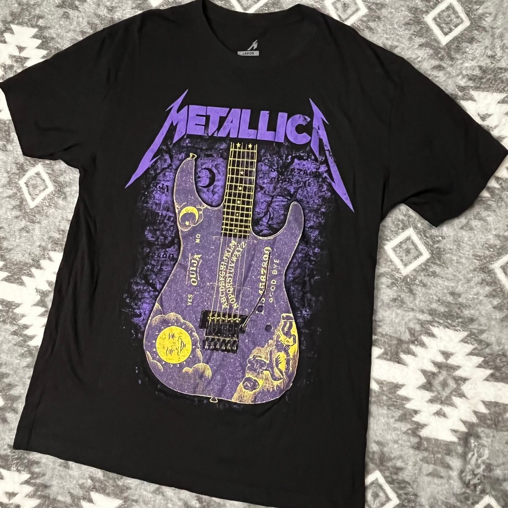 Metallica Purple Ouija Guitar Graphic Tee Black Large Kirk Hammett 2023 Shirt